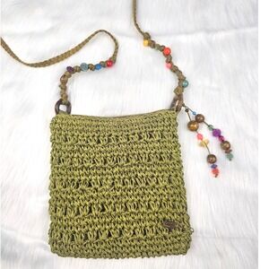 Cappelli Straworld Green Woven Crossbody Bag with Beaded Strap and Tassels